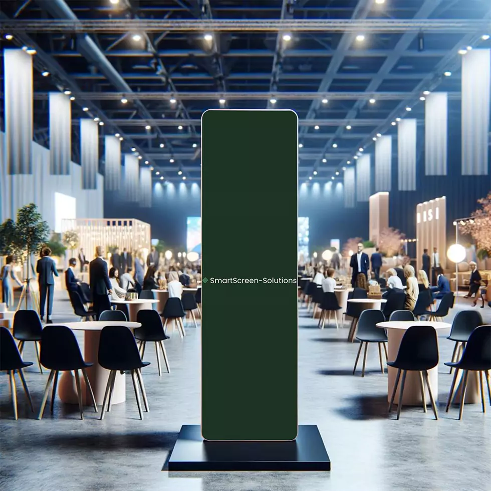 Display auf Messen und Events mit besuchter Messehalle im Hintergrund